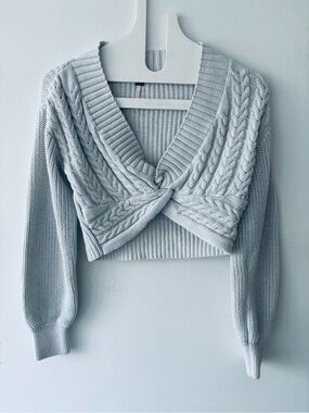 NWOT Free People Emilie sweater gray blue cotton cable deep v twist knot crop S